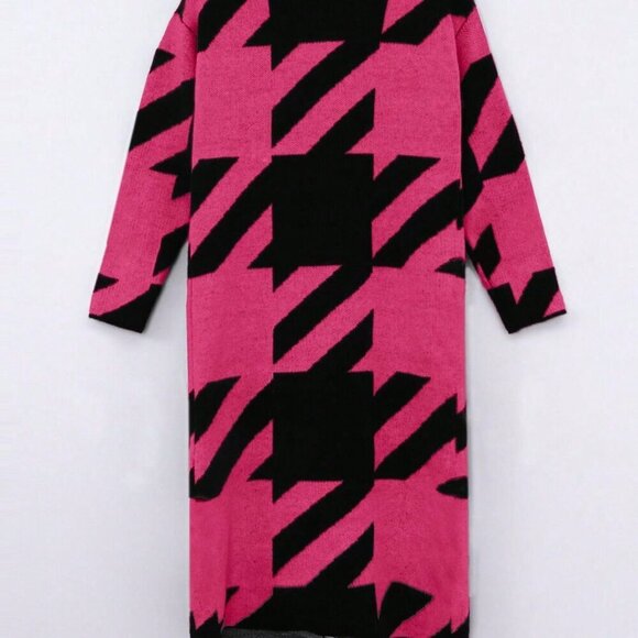 Hot Pink Casual Women's Trendy Colorblock Long Sleeve Knitted Cardigan - Picture 4 of 5